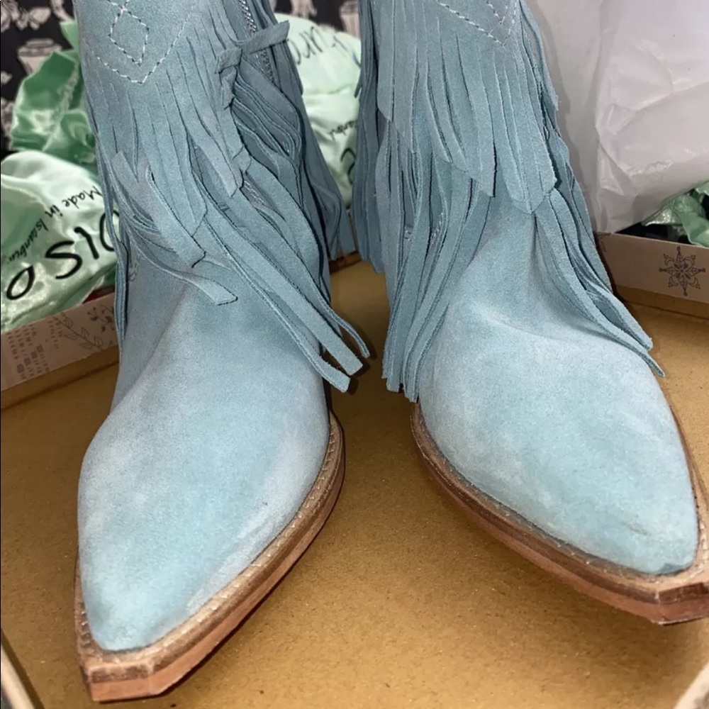 Free People Light Blue Suede Fringe Ankle Boots